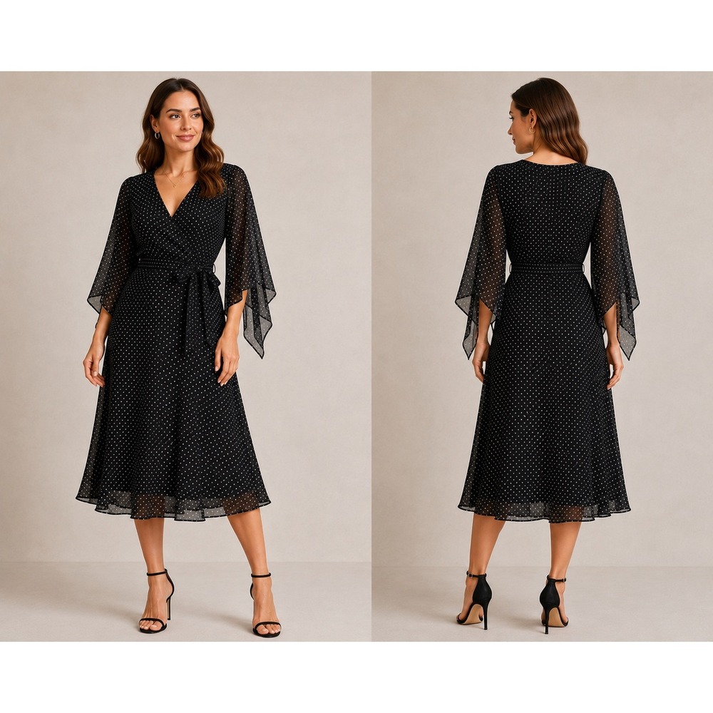 Charter Club Silk Midi Dress Womens 8 Black Polka Dot Classic Feminine VTG EUC